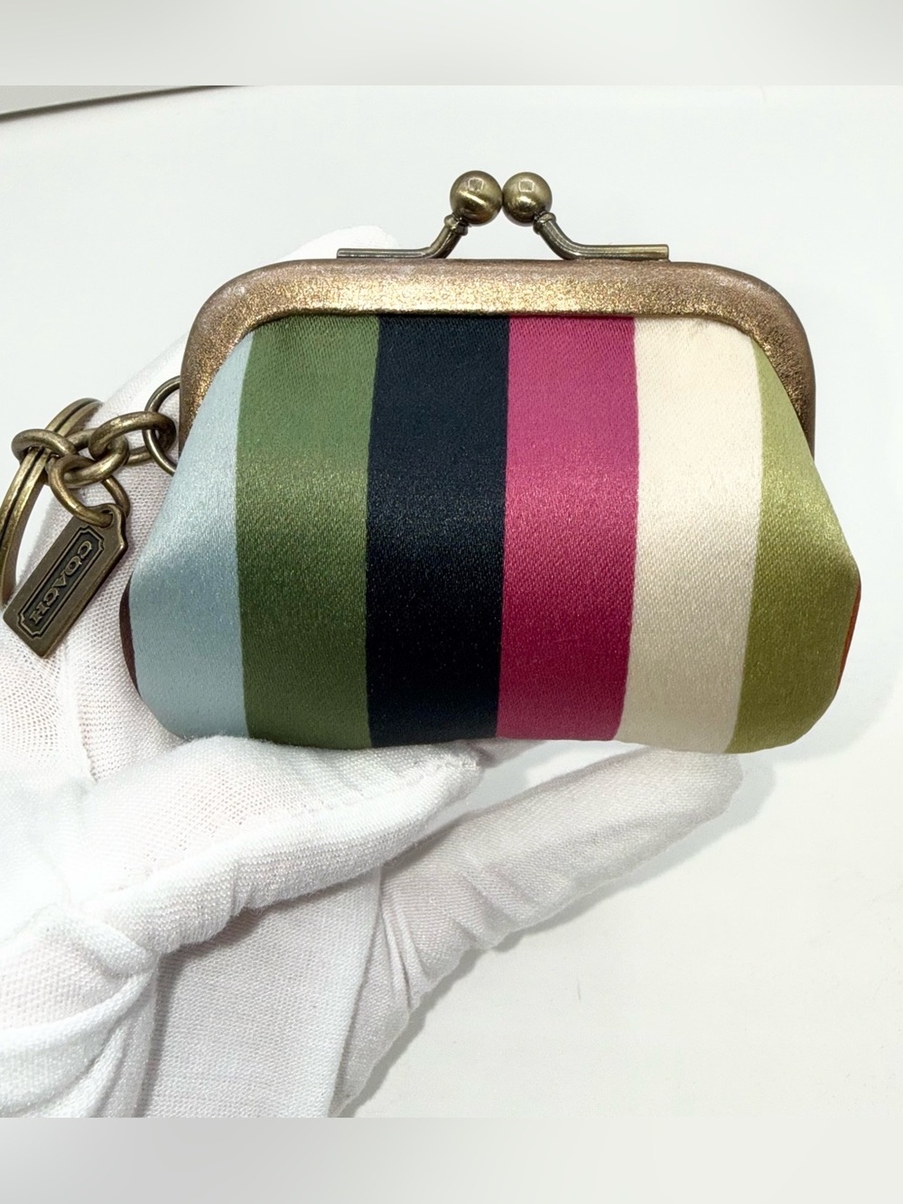 ❤️Coach Legacy Stripe Satin Kisslock Coin Purse Pouch Bag Key Chain Ring Vintage